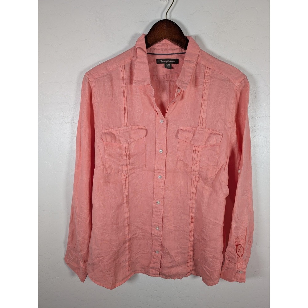 Tommy Bahama Shirt Womens Medium Pink Linen Long Sleeve Button‎ Front Pintuck